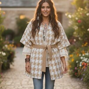 White Tan Houndstooth Wool
Blend Wrap Coat Jacket Shawl Old Money Oversized Luxe